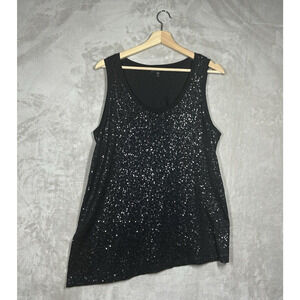 Eileen Fisher Top Womens Medium Black 100% Silk Sequin Asymmetrical Hem Party